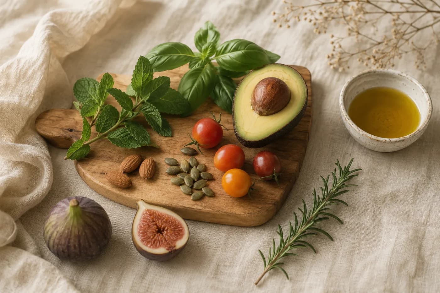 Composition d'ingrédients frais — avocat, herbes aromatiques, figues, tomates, amandes et huile d'olive — illustrant une approche nutritionnelle naturelle et gourmande.