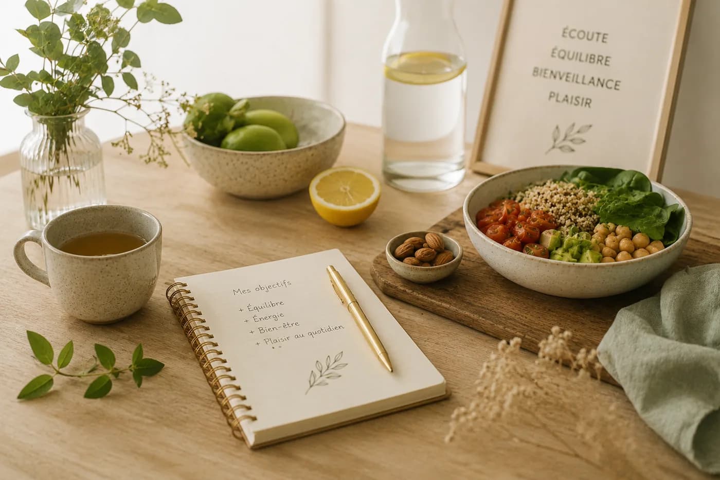 Bureau apaisant avec carnet d'objectifs nutrition, bol de céréales et affiches Écoute, Équilibre, Bienveillance, Plaisir.